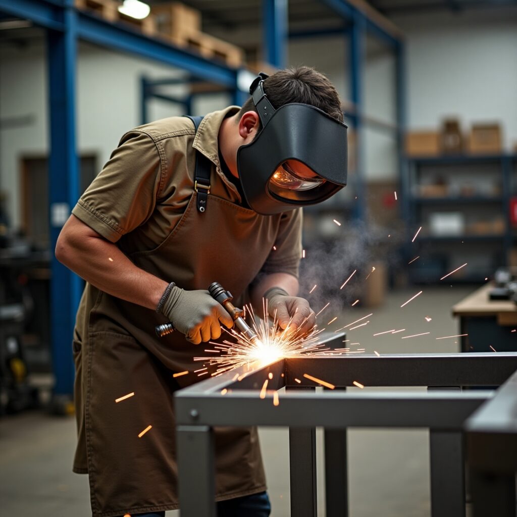 Fabricator welding stainless steel components for metal fabrication stainless steel project