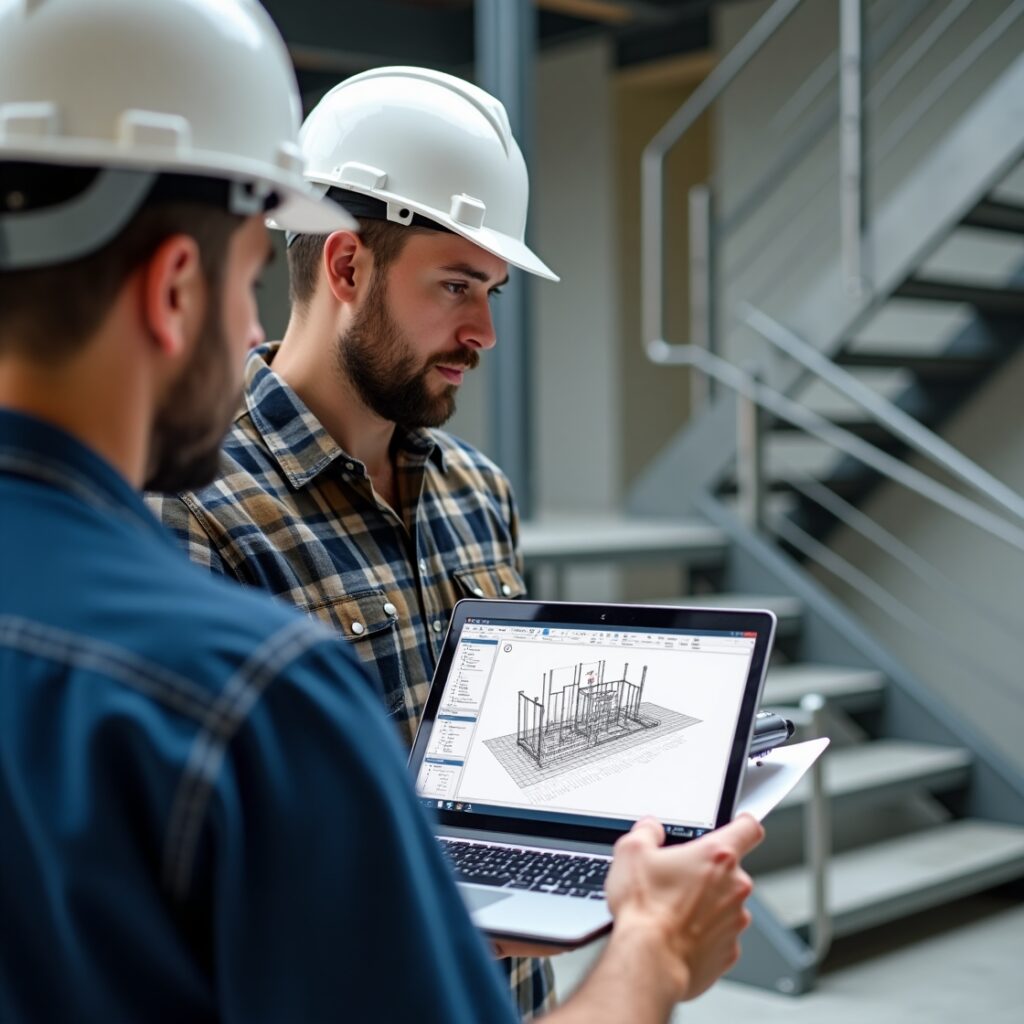 Engineers reviewing a stainless steel fabrication design on a laptop, showcasing teamwork in metal projects.