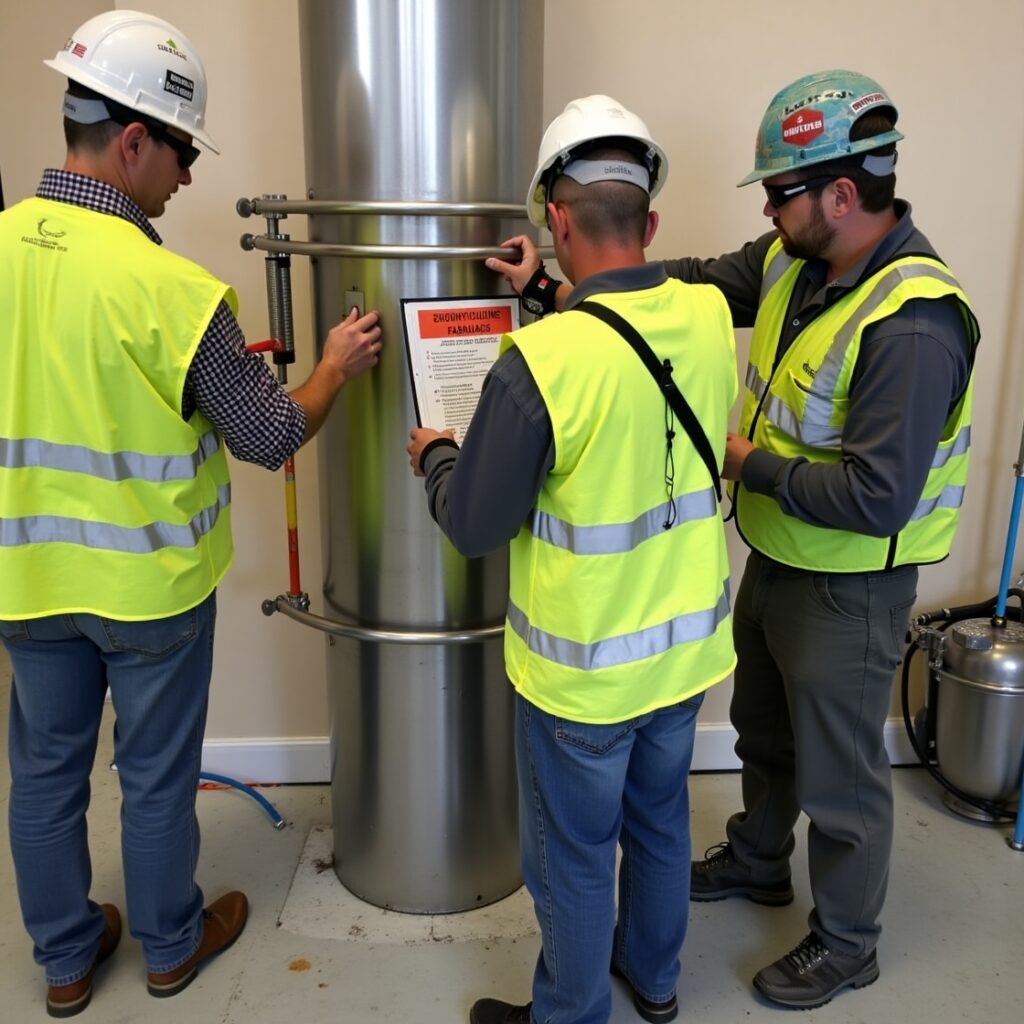 Team inspecting stainless steel fabrication setup during collaboration